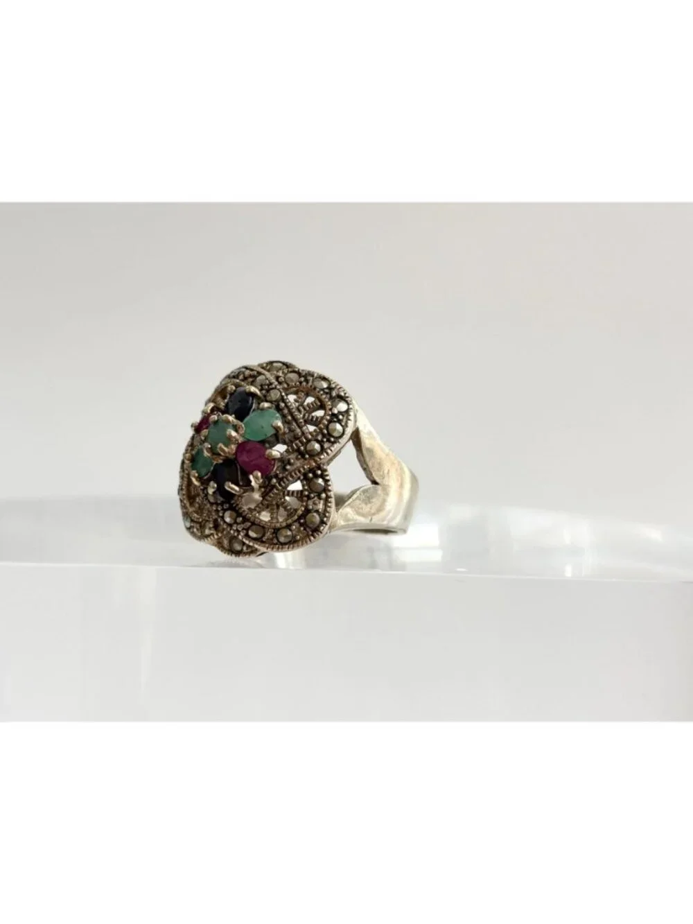 Art Deco Marcasite, Emerald, Garnet Sterling Silver 925 Vintage Ring - sz 9.75